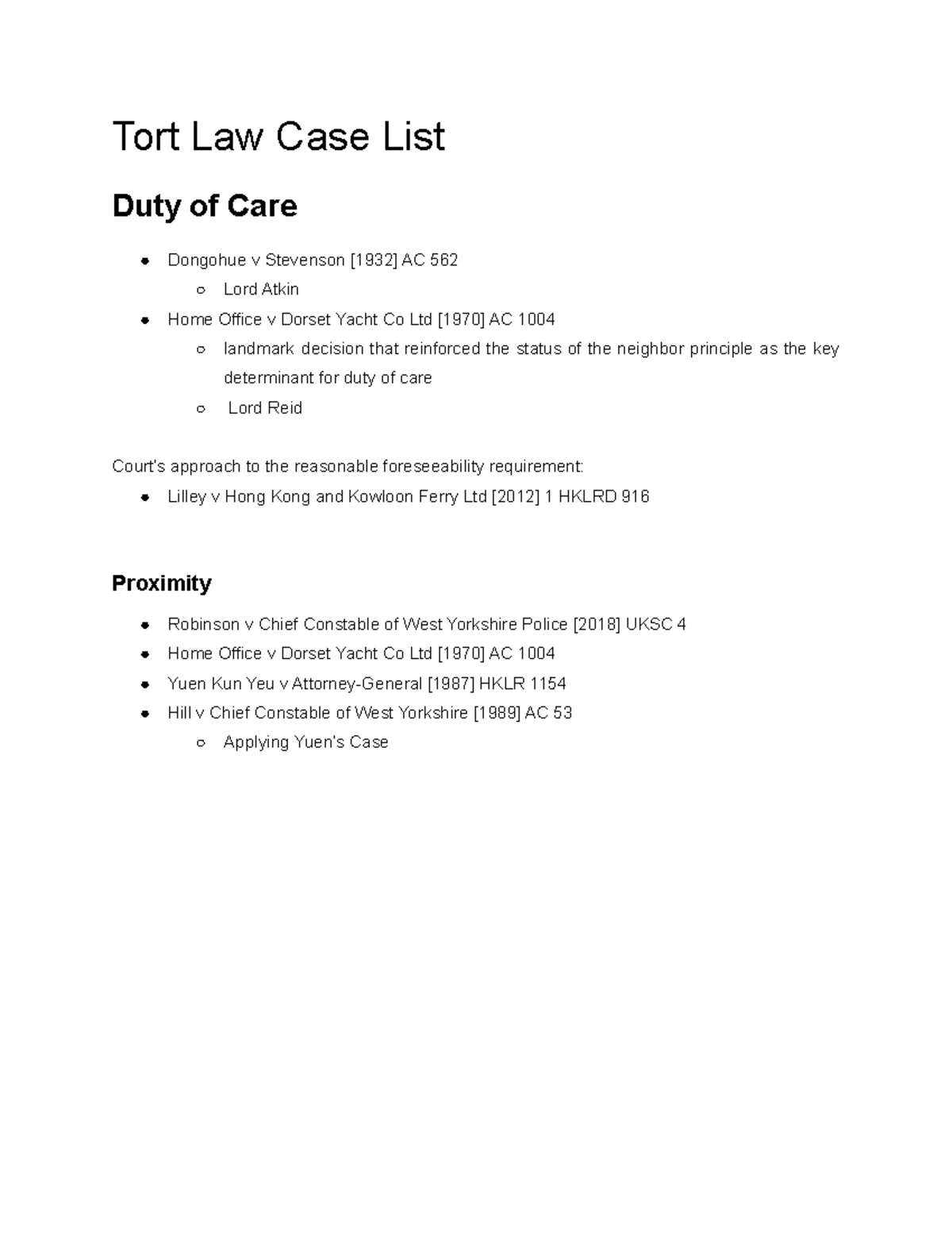 Tort Law Case List - Key Cases for Duty of Care & Causation - Studocu