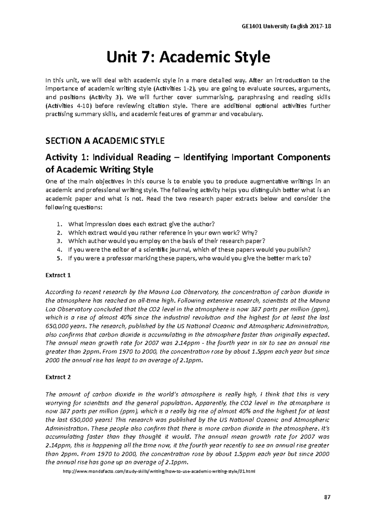 Unit 7 Academic Style - Lecture notes 7 - GE1401 University English ...