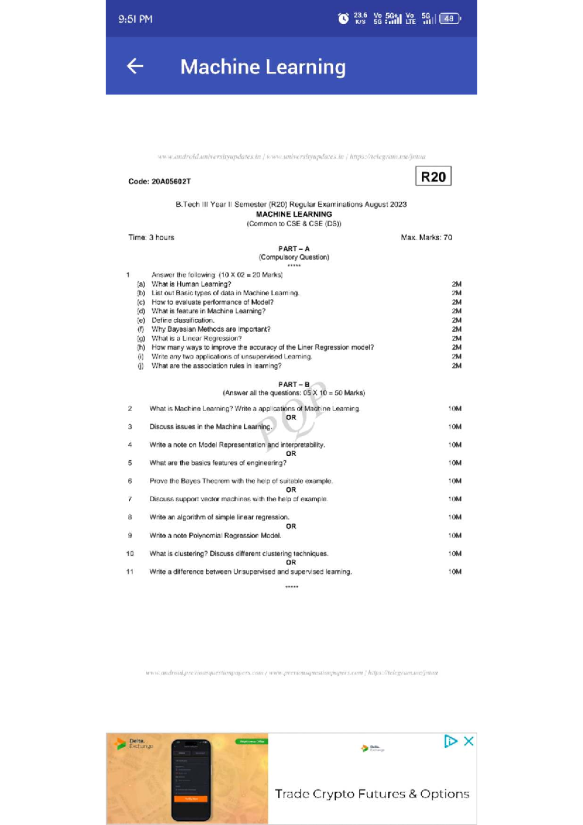Machine Learning Previous Exam Papers: B.Tech 2nd & 3rd Year (R20, R19 ...