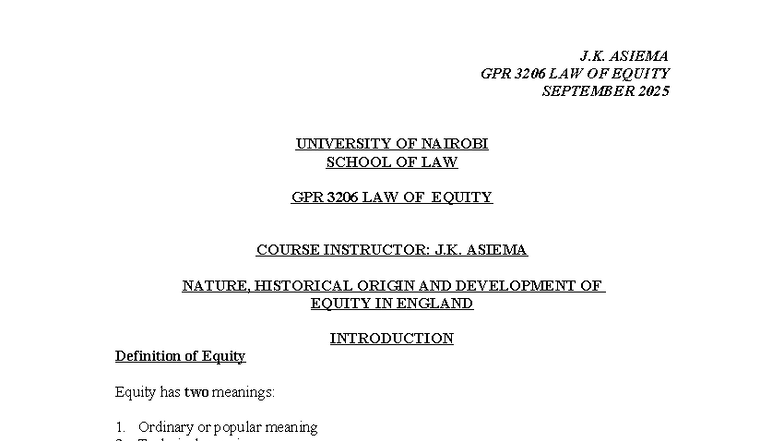 GPR 3206 Law of Equity Lecture Notes - September 2025 - Studocu
