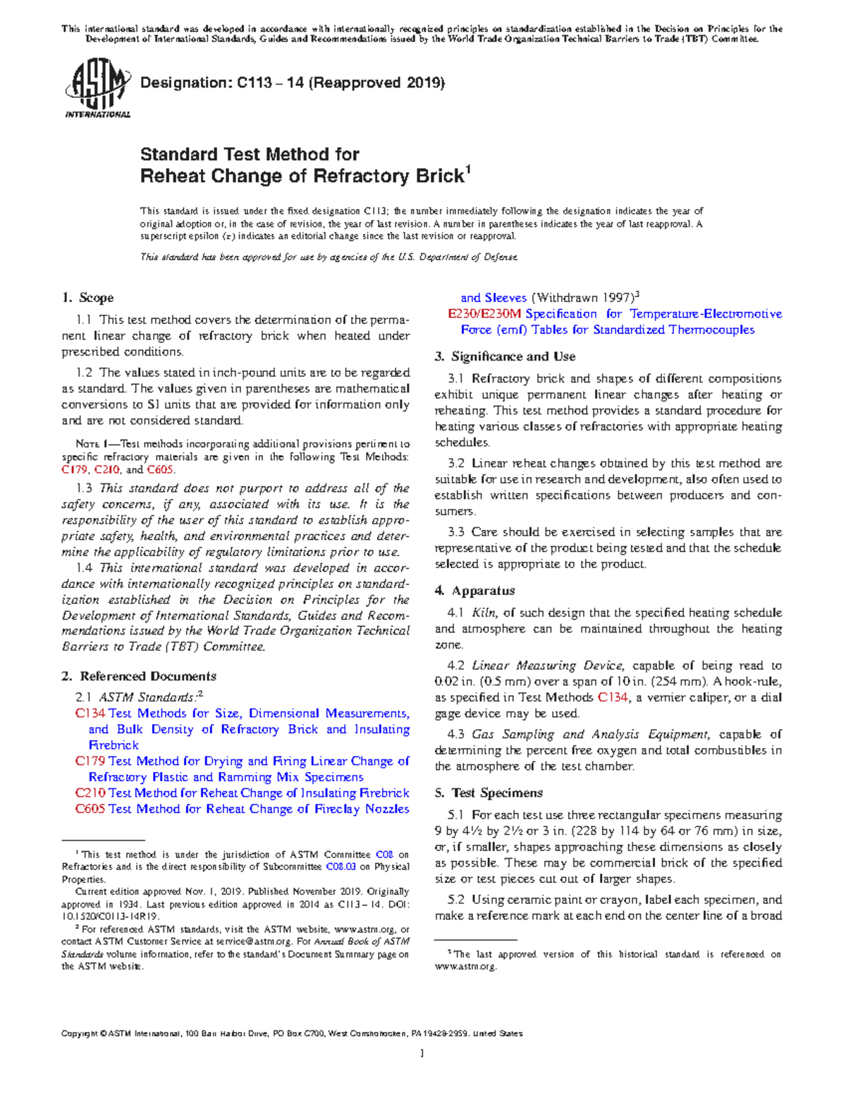 ASTM C113-2014 (R2019) Standard Test Method for Reheat Change of Refractory - Document Preview