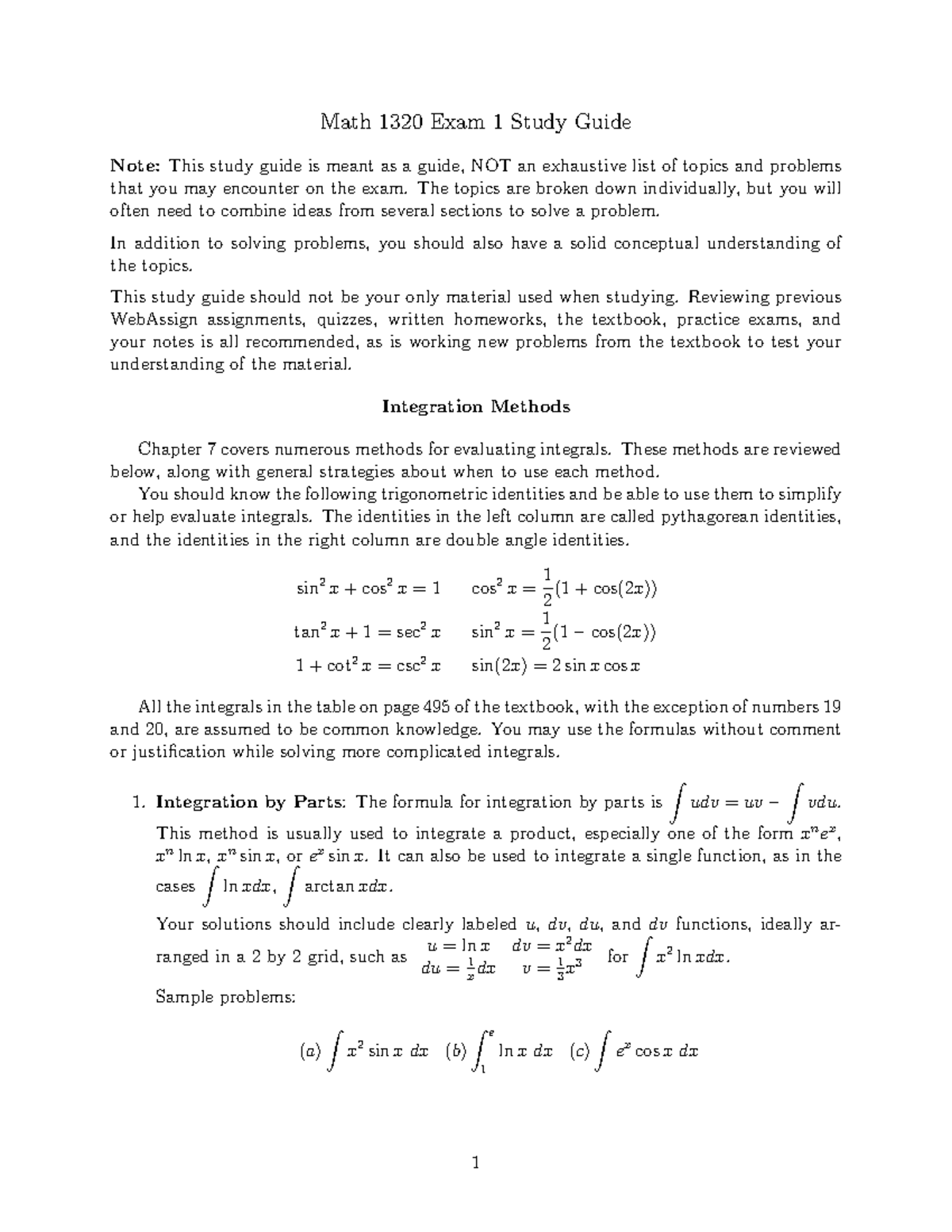 Math 1320 Final Exam Study Guide - Integration & Series Concepts - Studocu
