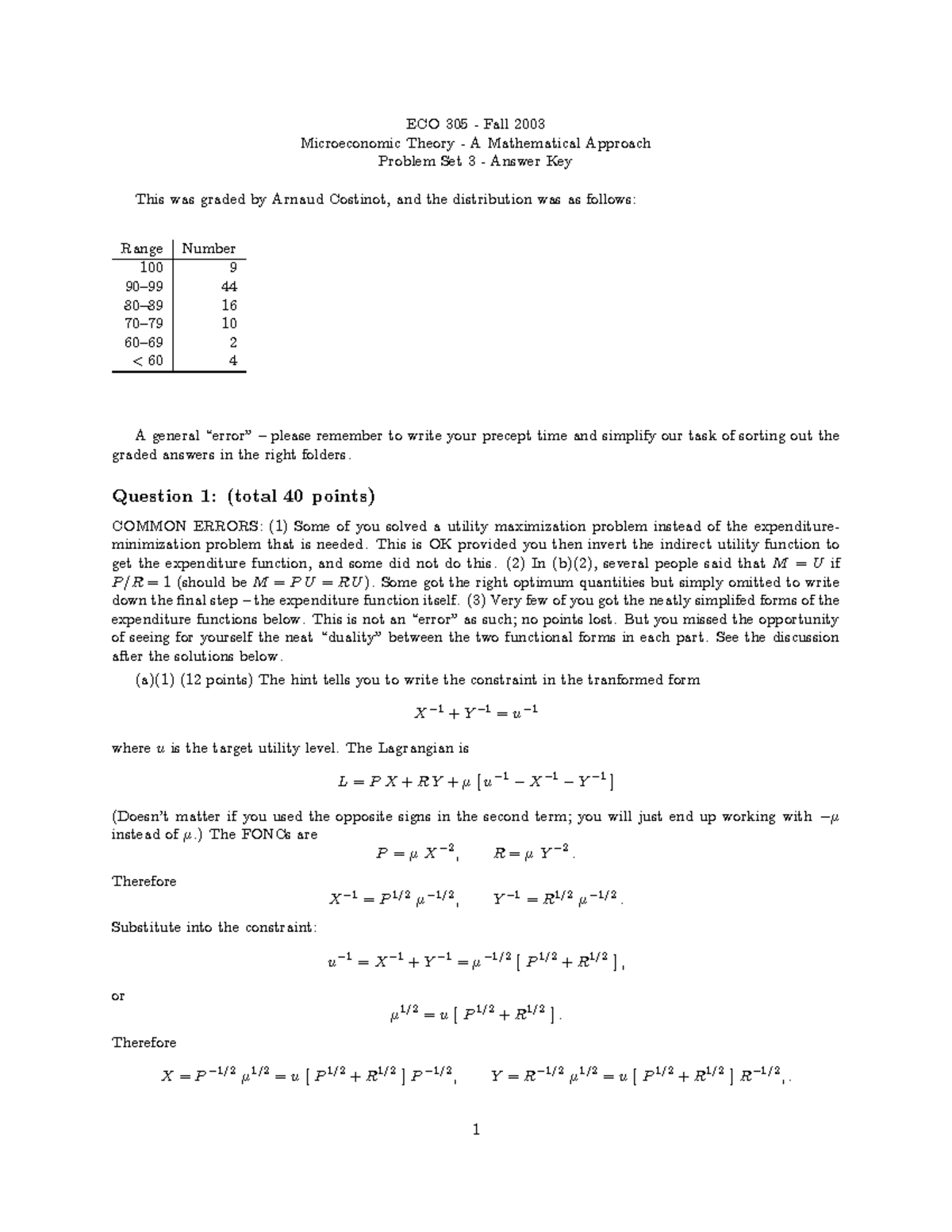 ECO 305 Fall 2003 Microeconomic Theory Problem Set 3 Answer Key - Studocu