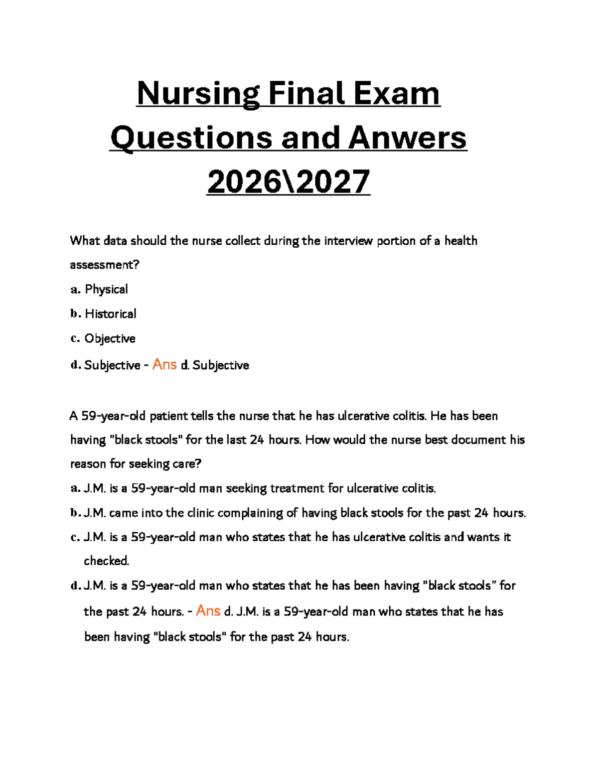 Nursing Final Exam Questions and Answers 2025 - Studocu