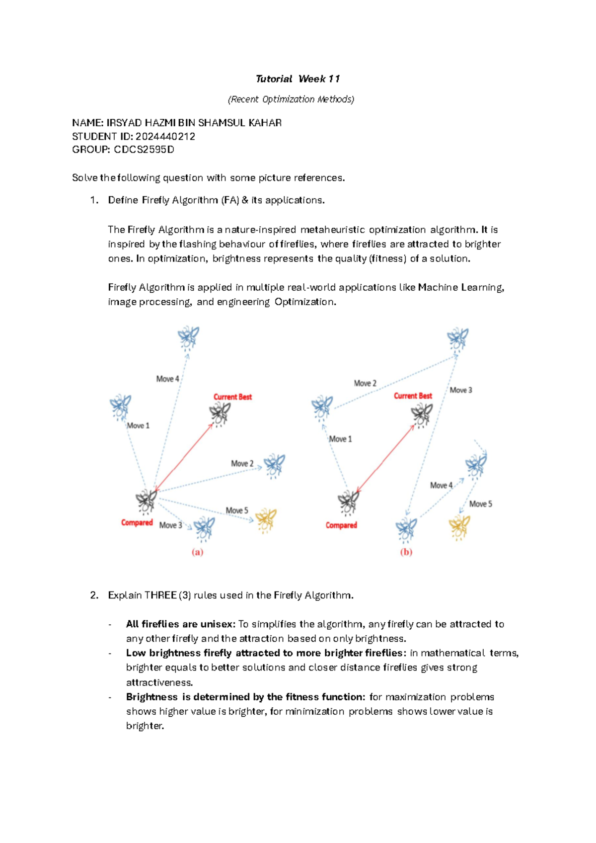 CDCS2595D Week 11 Tutorial: Firefly Algorithm Overview - Studocu