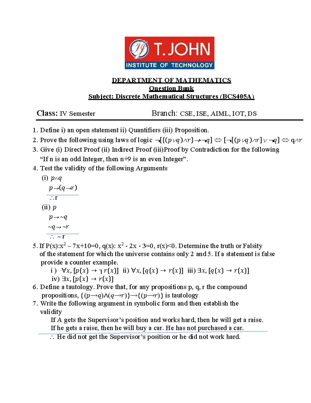 Question Bank - BCS405A: Discrete Mathematical Structures - Studocu