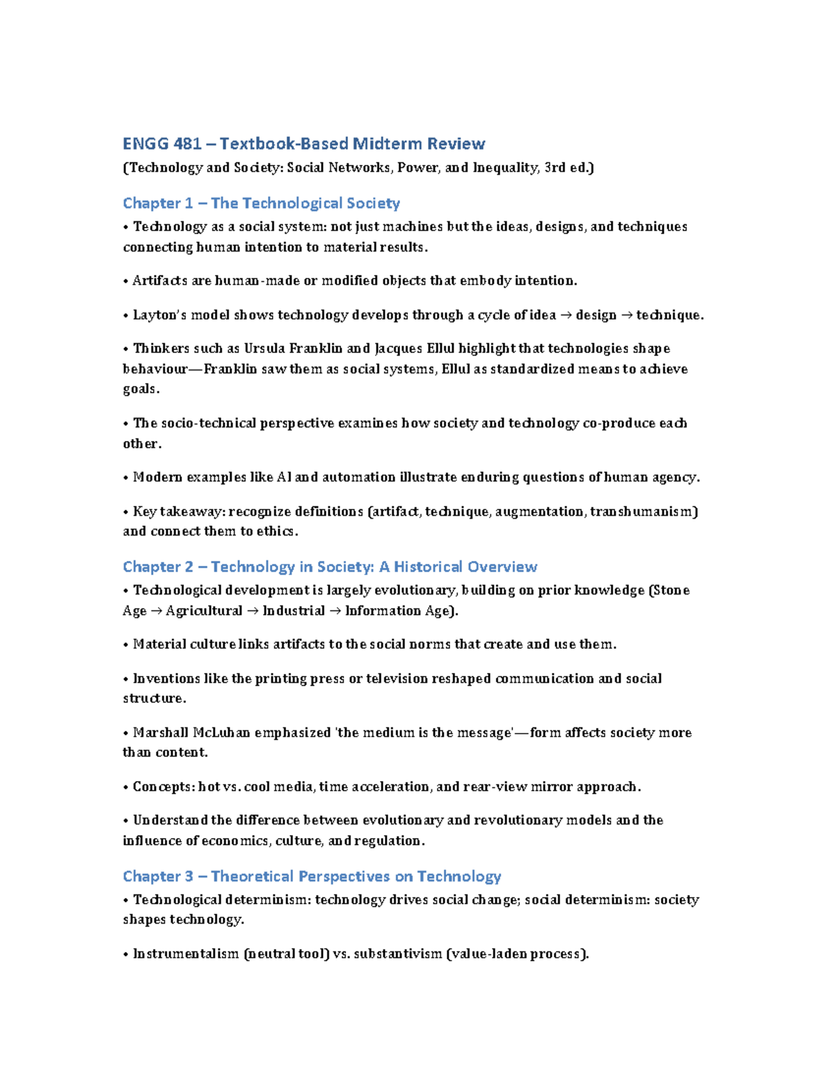 ENGG 481 Midterm Review: Technology and Society Insights - Studocu