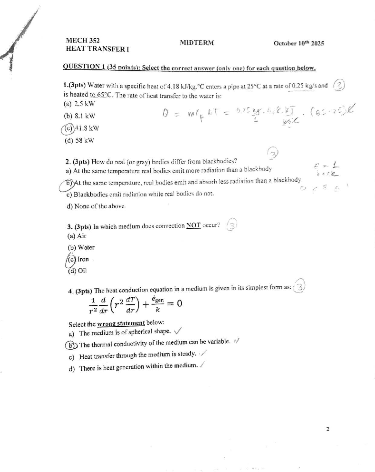MECH 352 MIDTERM EXAMINATION HEAT TRANSFER I - OCTOBER 10, 2025 - Studocu