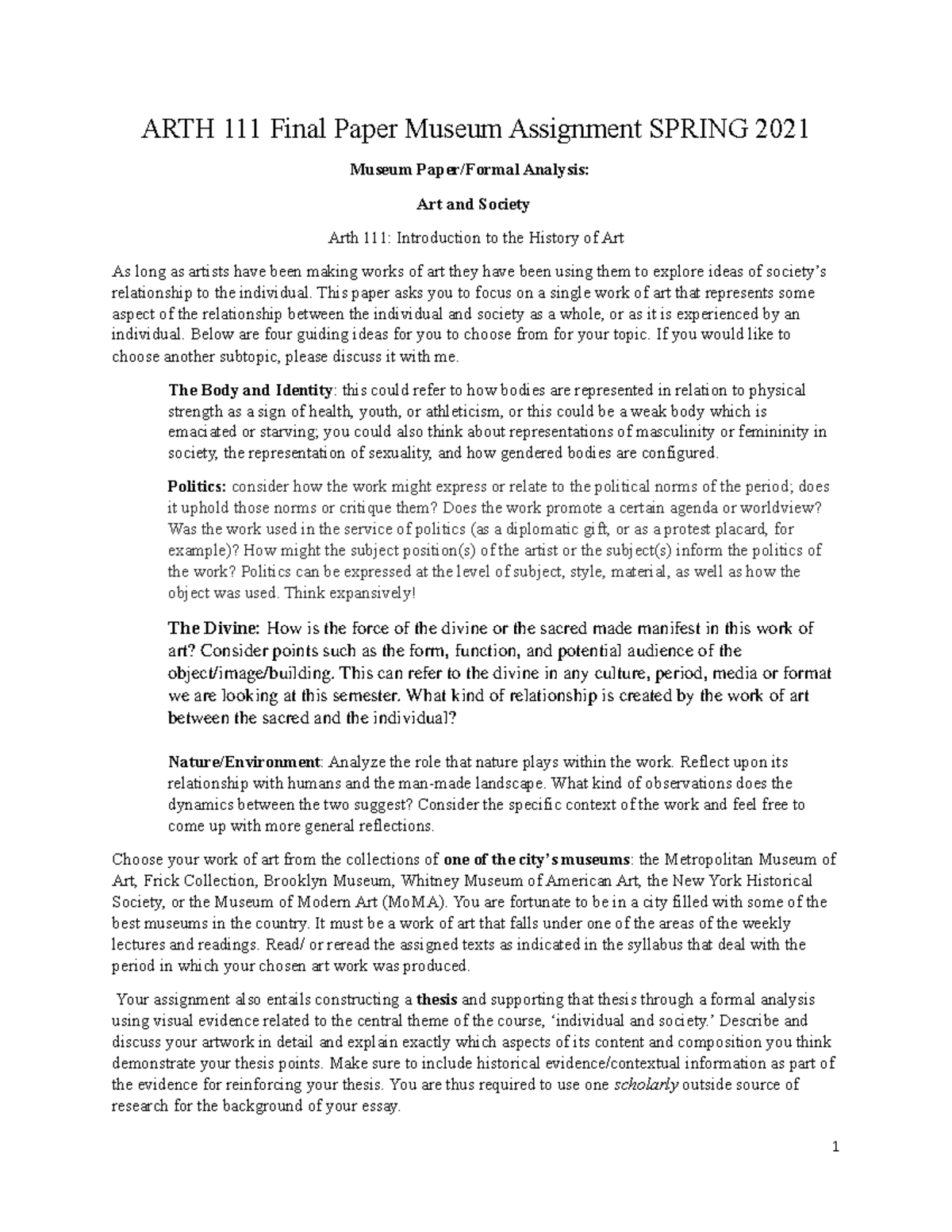 Final Essay Form - ARTH 111 Final Paper Museum Assignment SPRING 2021 ...