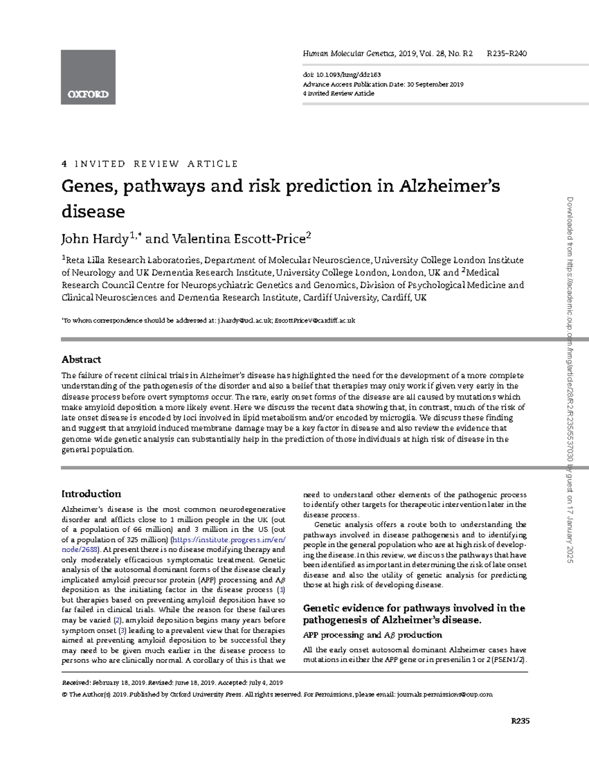 Genes, pathways and risk prediction in Alzheimer’s disease - Received ...