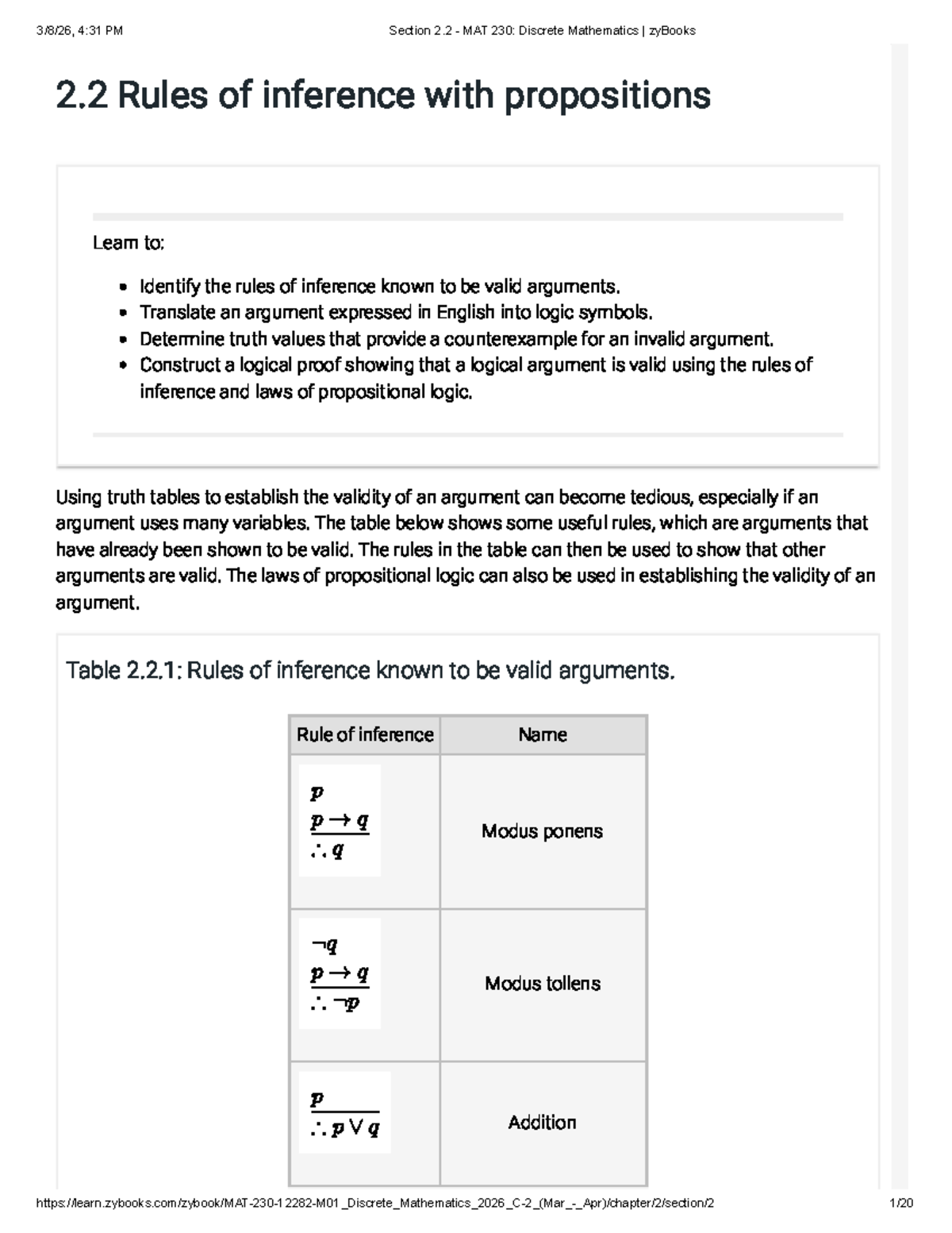 Section 2.2 - MAT 230: Discrete Mathematics - Rules of Inference - Studocu