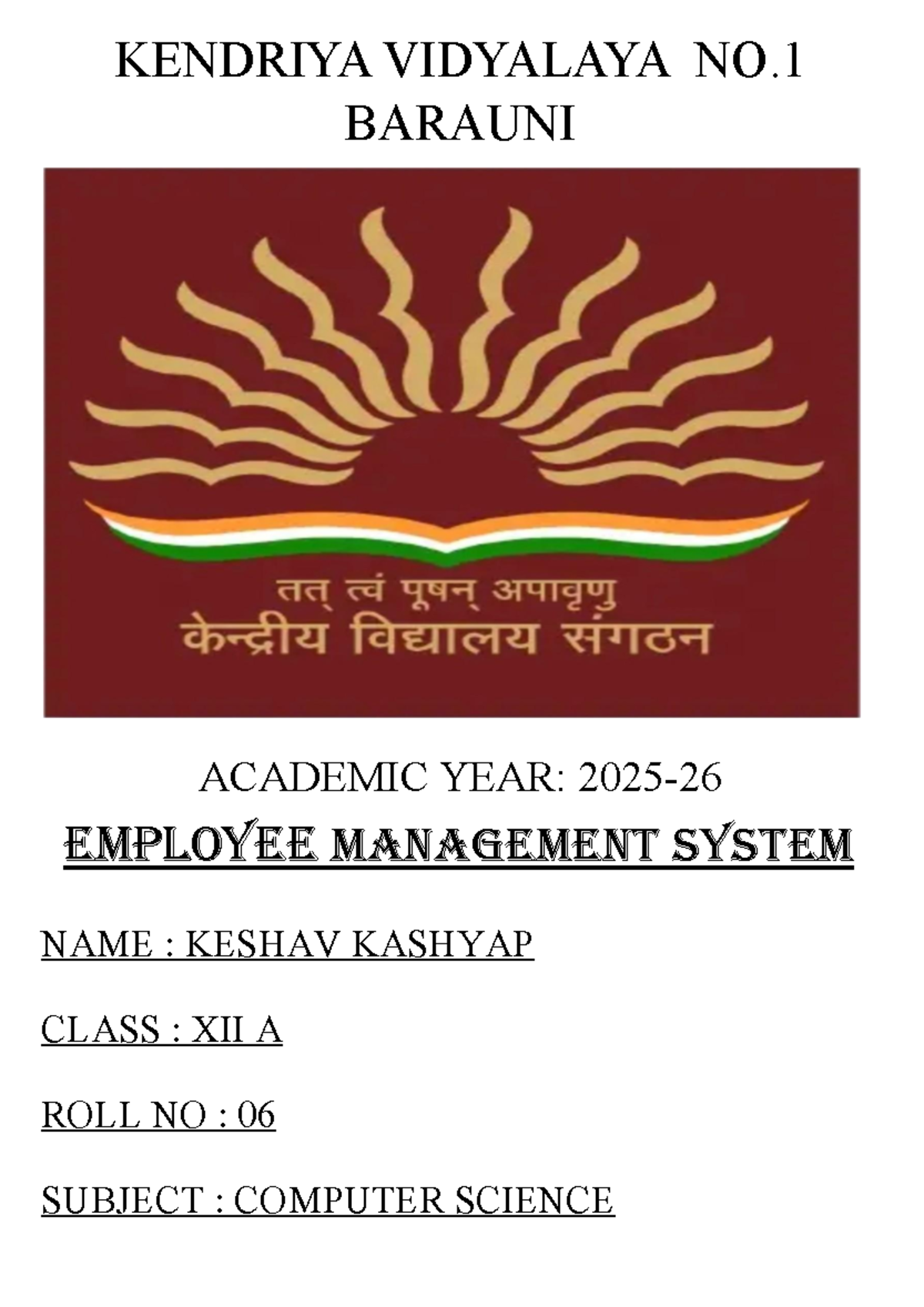 CS Project File: Employee Management System for Class XII A - Studocu