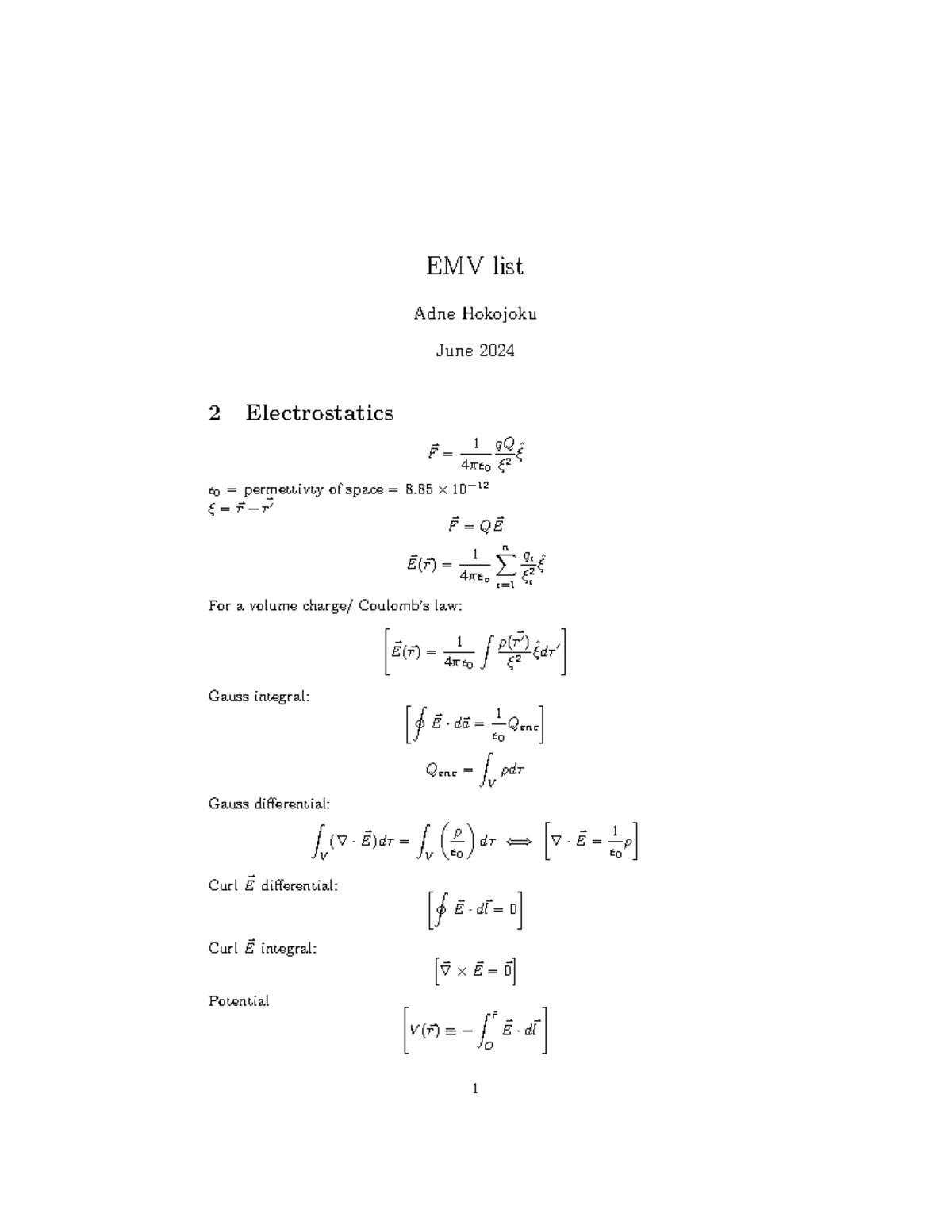 EMV Formulas for Electrostatics and Magnetostatics (Course: EMV ...