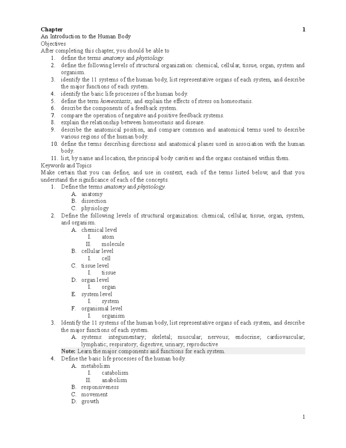 Bio235 - Summary Biology - Chapter 1 An Introduction to the Human Body ...