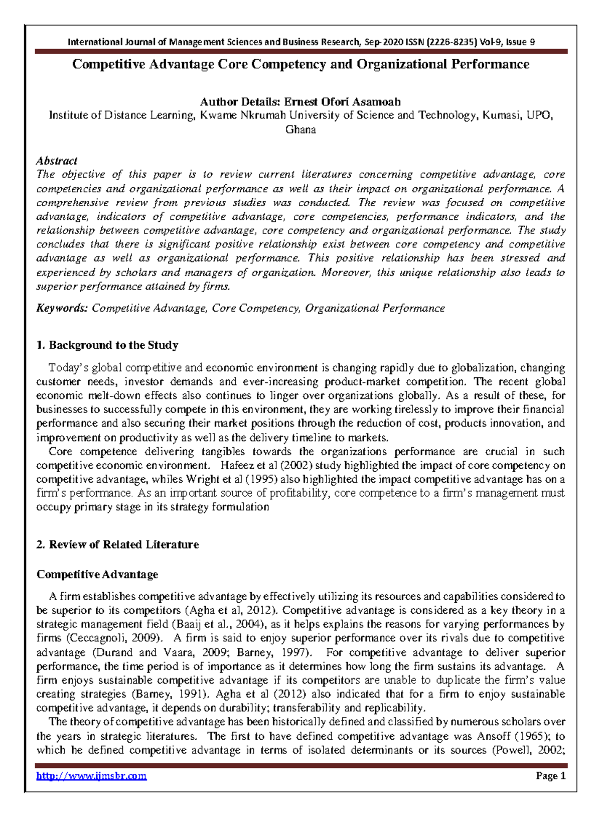 Competitive Advantage, Core Competency & Org Performance: A Review ...