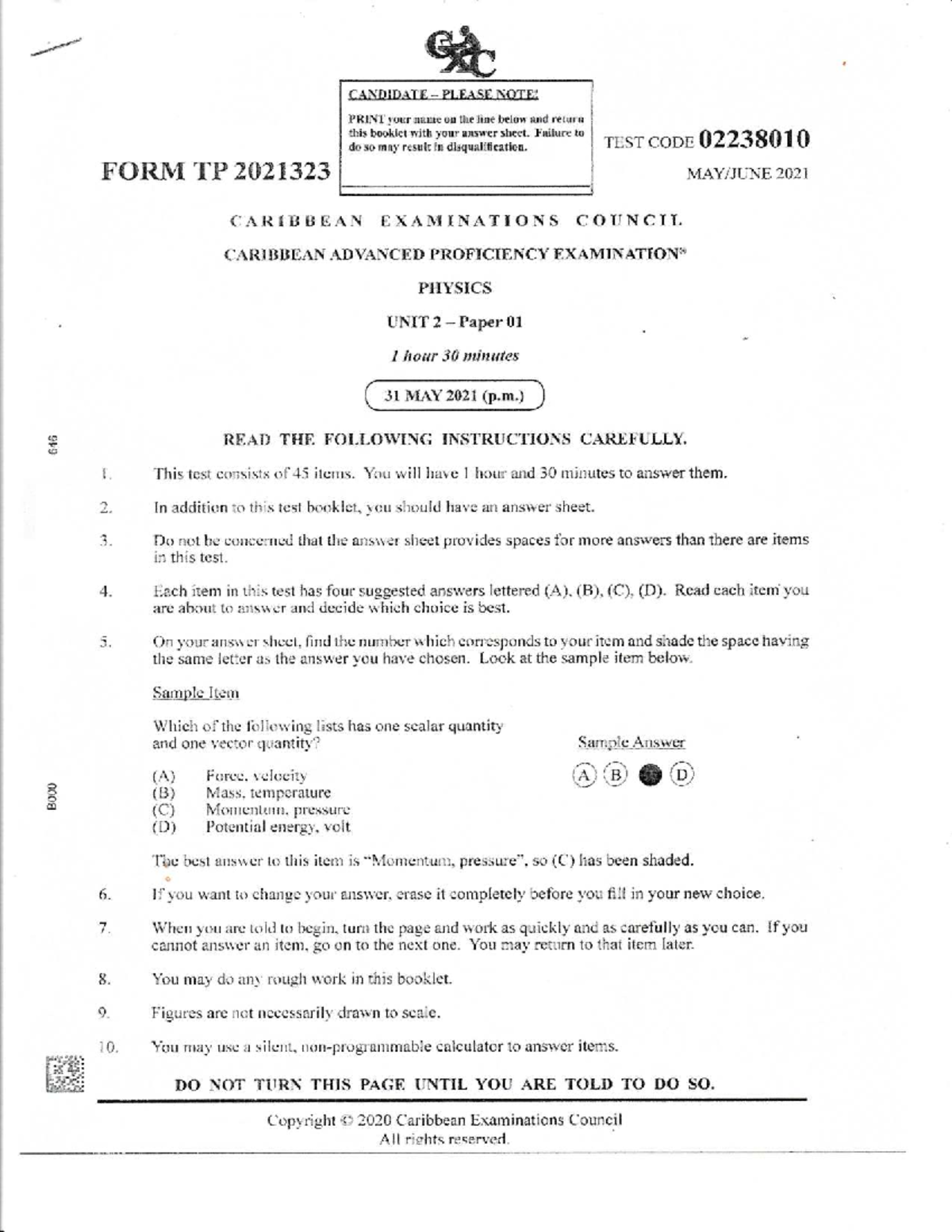 Cape Physics Unit 2 Paper 1 Final Exam May/June 2021 - Studocu
