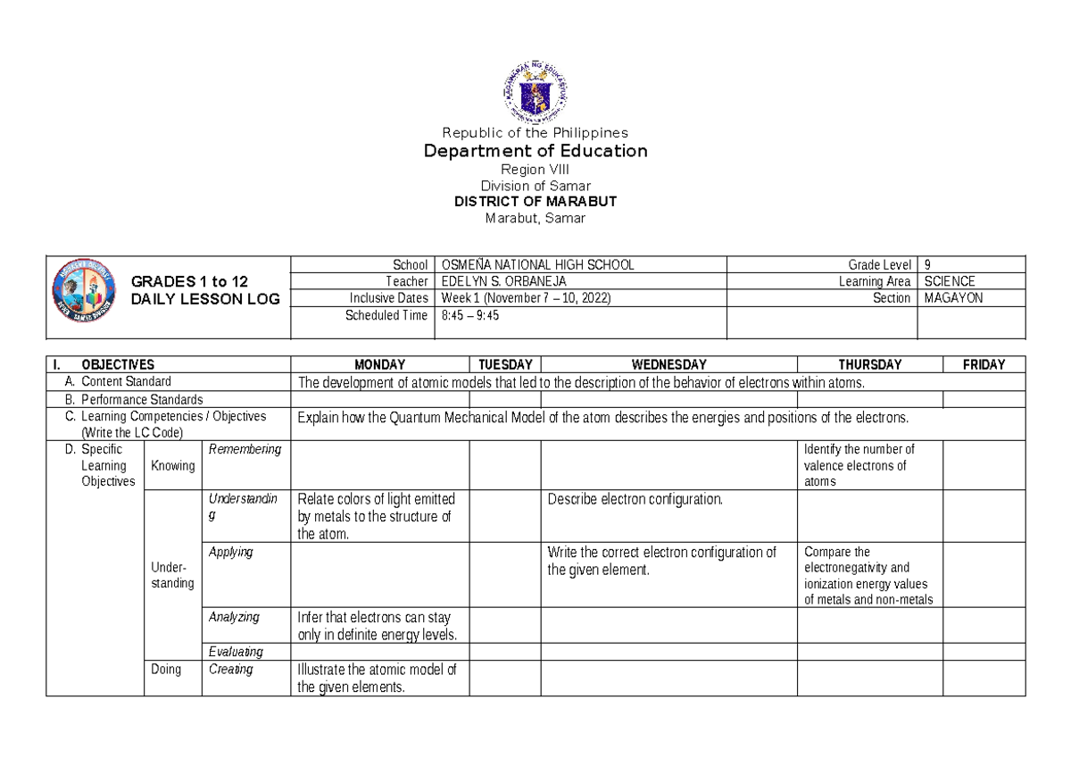 Q2-Week 1 Daily Lesson Log for Grade 9 Science - Studocu