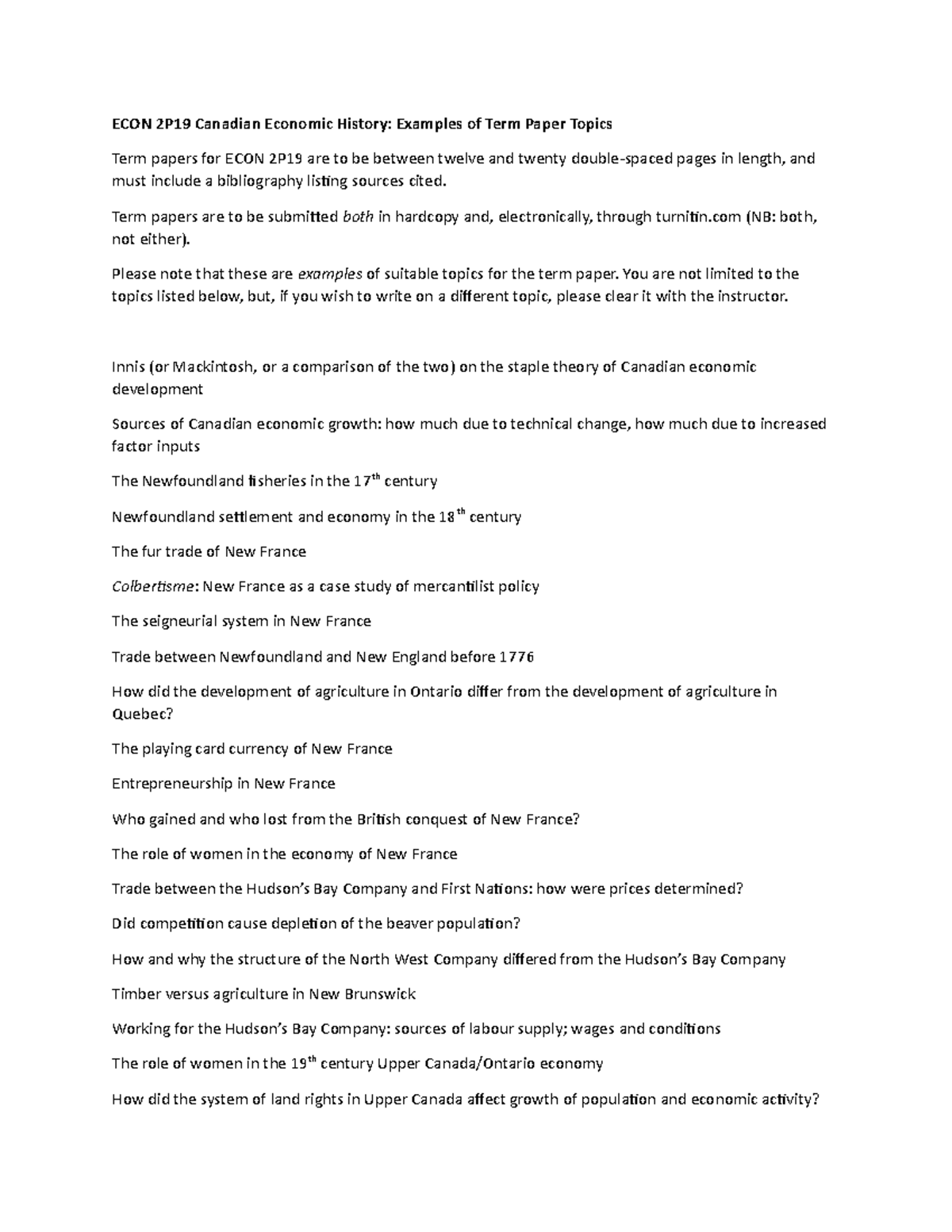 ECON 2P19 Term paper topics - ECON 2P19 Canadian Economic History ...