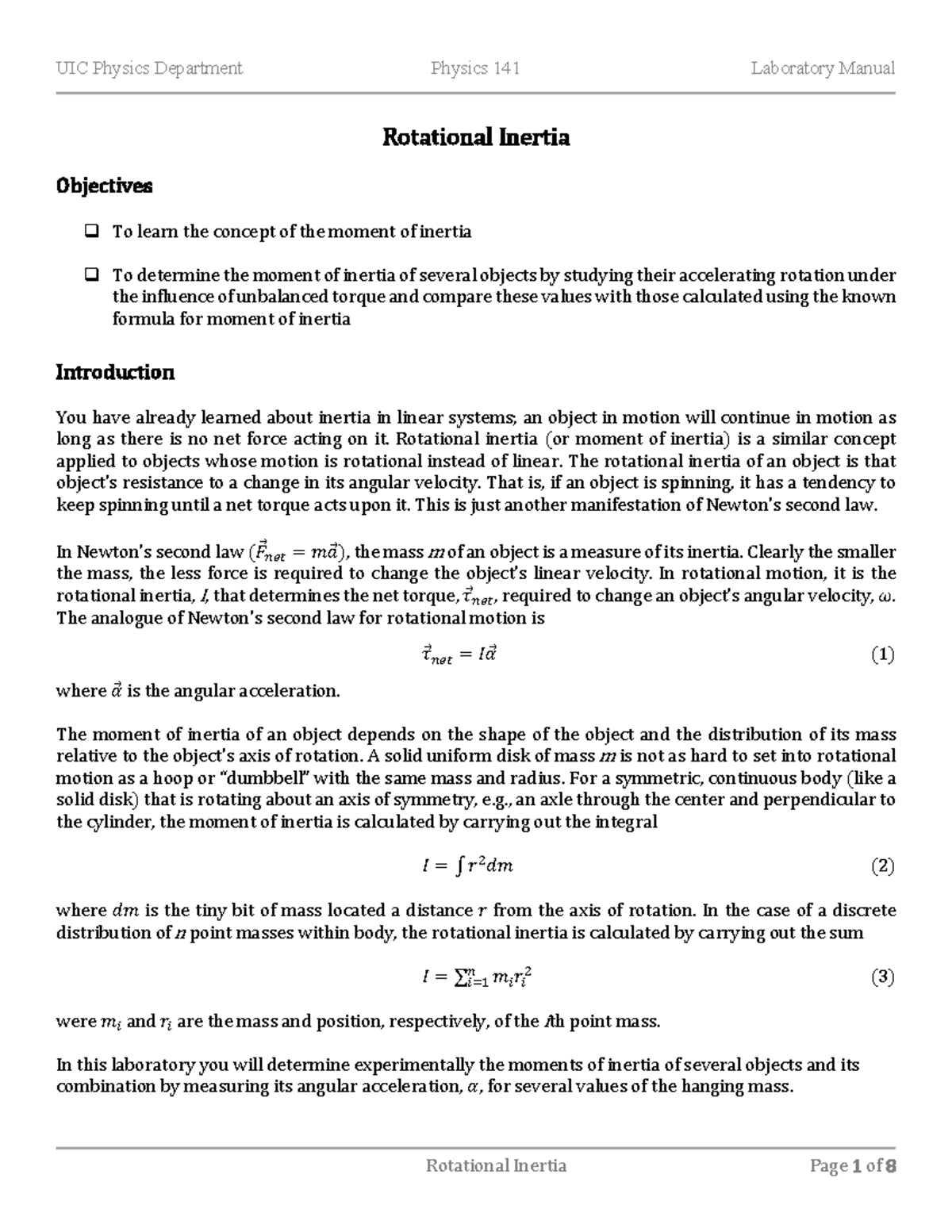 L08 Lab Manual - Rotational Inertia Objectives To learn the concept of ...