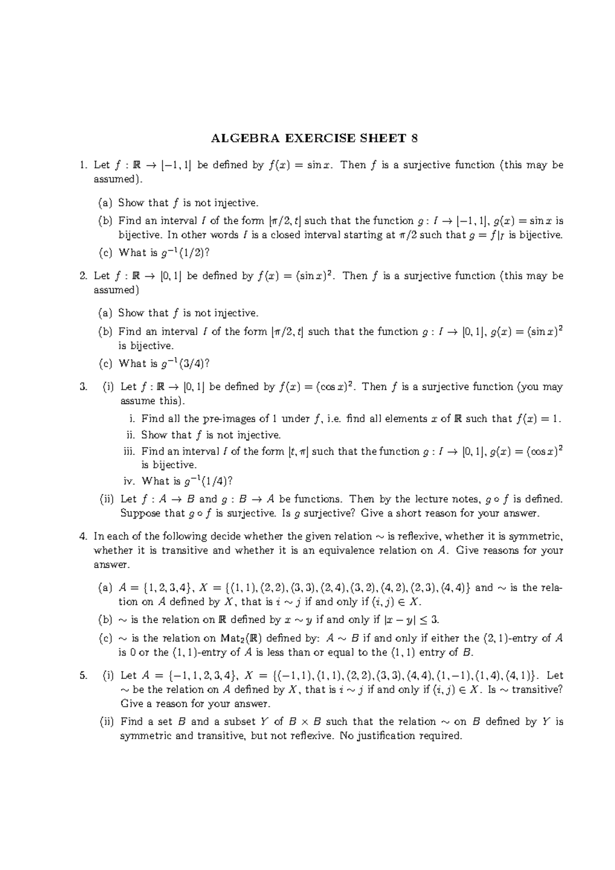 Algebra Exercise Sheet 8: Bijective Functions and Relations Analysis ...