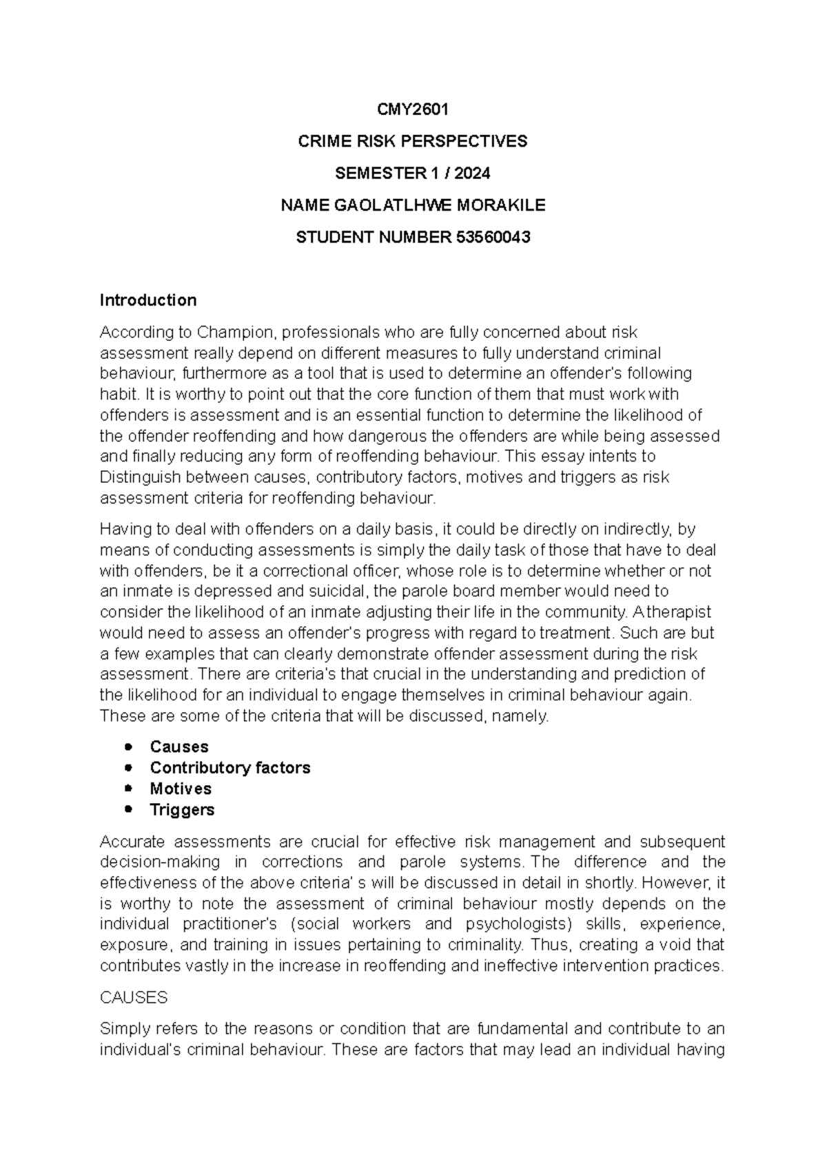 Risk Assessment and Crime Perspectives - ASSIGNMENT 01 (CMY) - Studocu