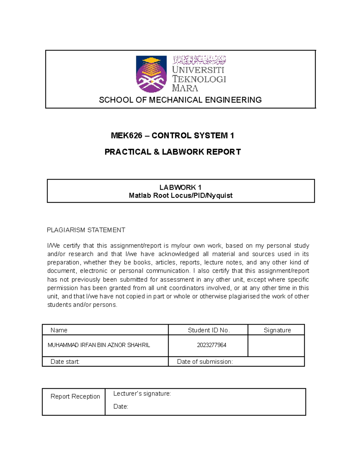 MEK626 - Lab 1 Report: Control System Stability Analysis Using MATLAB ...
