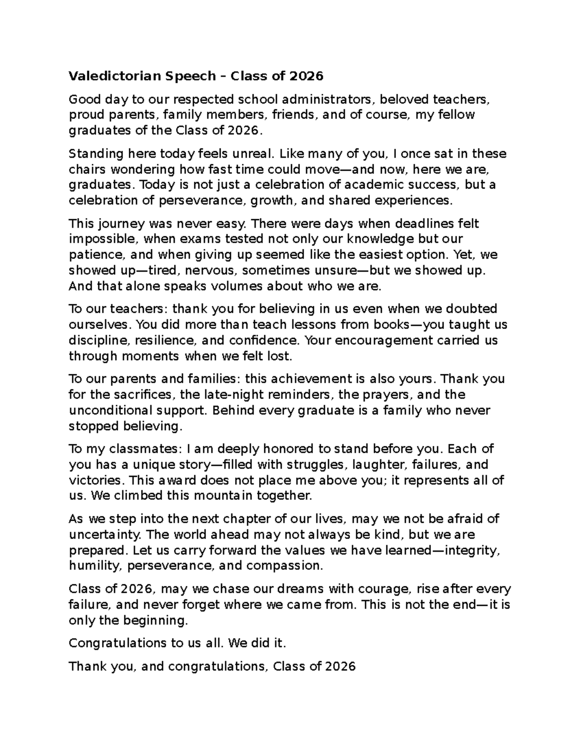 Valedictorian Speech - Class of 2026 Graduation Essay - Studocu