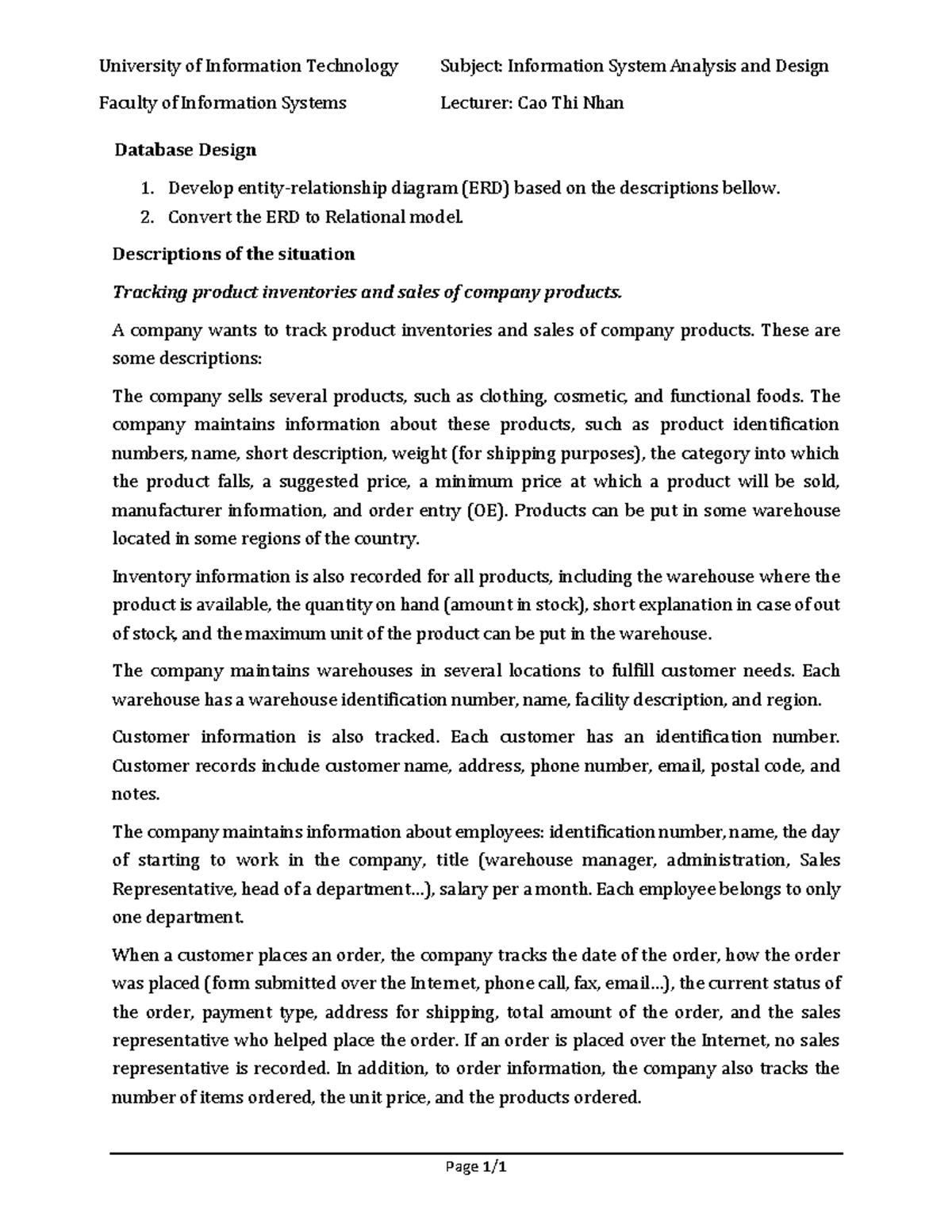 Database Design - Order Description - Excercise - Page 1 / 1 University ...
