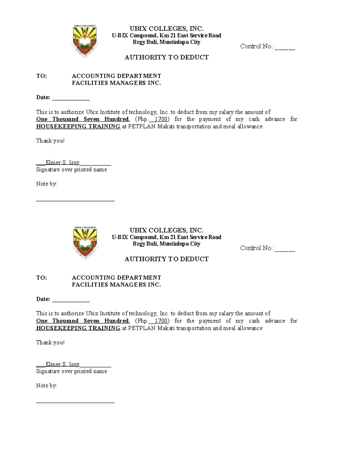 Authority to Deduct for Housekeeping Training - CA-1 - Studocu