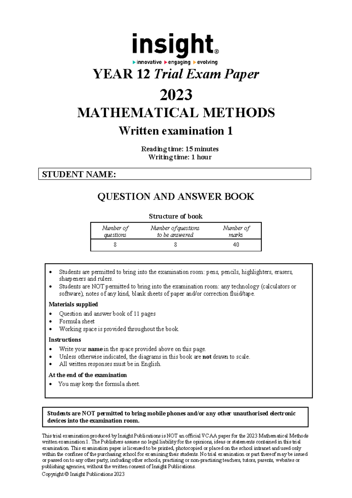 Year 12 Math Methods 2023 Trial Exam 1 (Units 3 & 4) - Studocu
