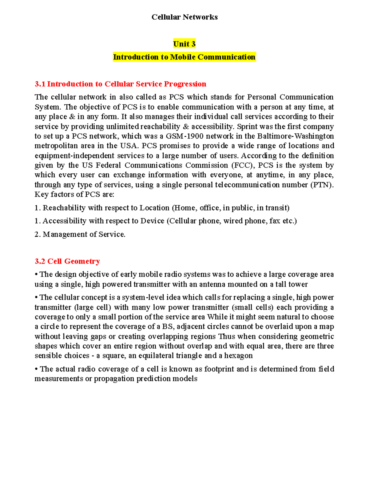 Cellular Networks Unit 3: Introduction to Mobile Communication - Studocu