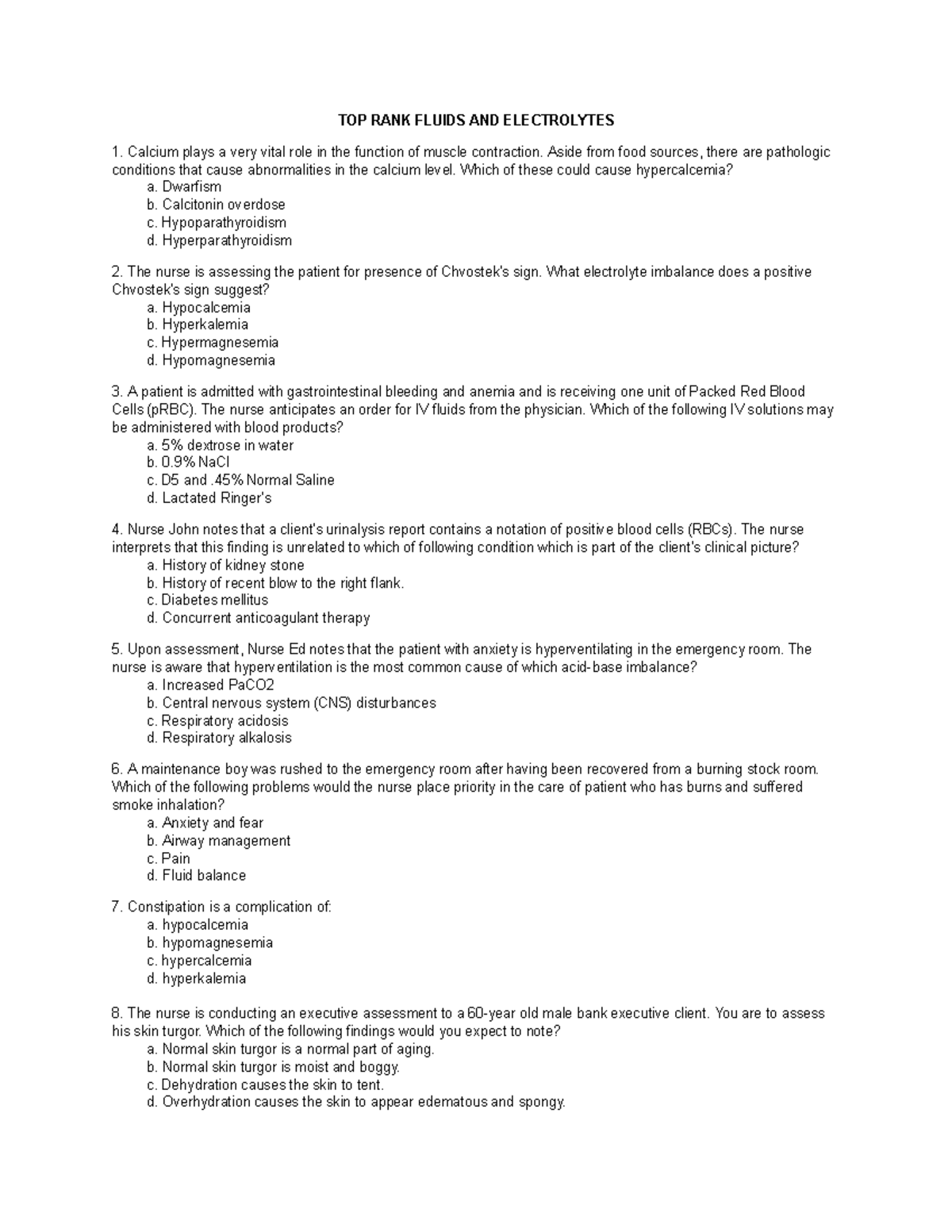 FE - Fluid and Electrolyte Exam Study Guide - Studocu