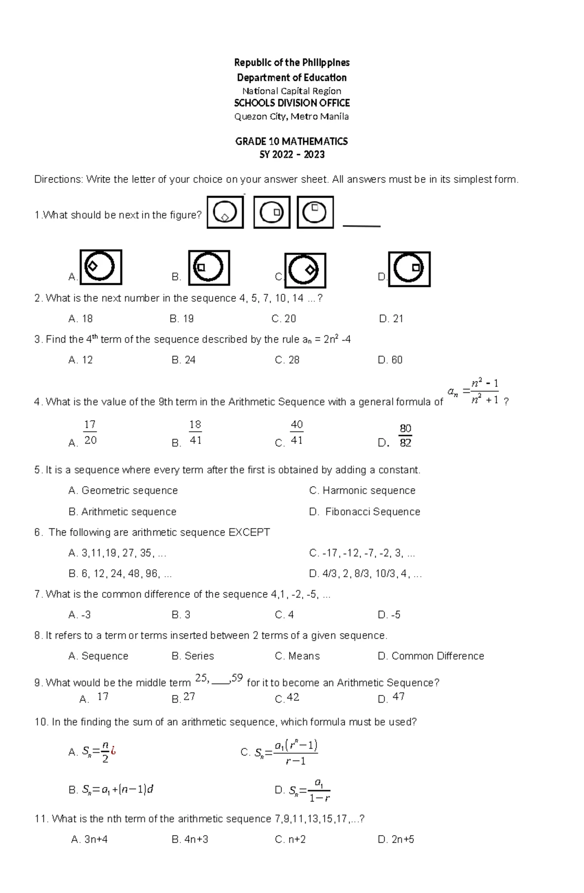 Final Exam Review Questions - MATH 10 QUARTER 4 - Studocu