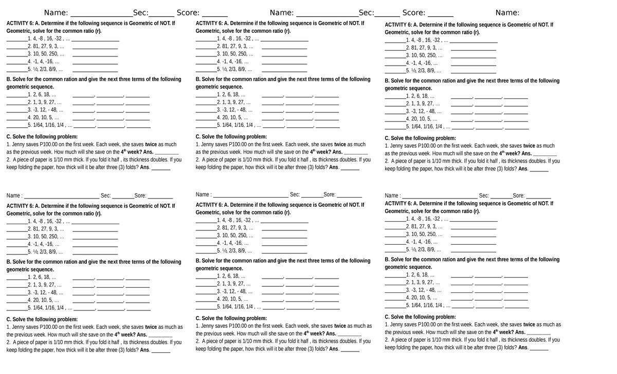 Activity 6: Geometric Sequences and Problem Solving - Studocu
