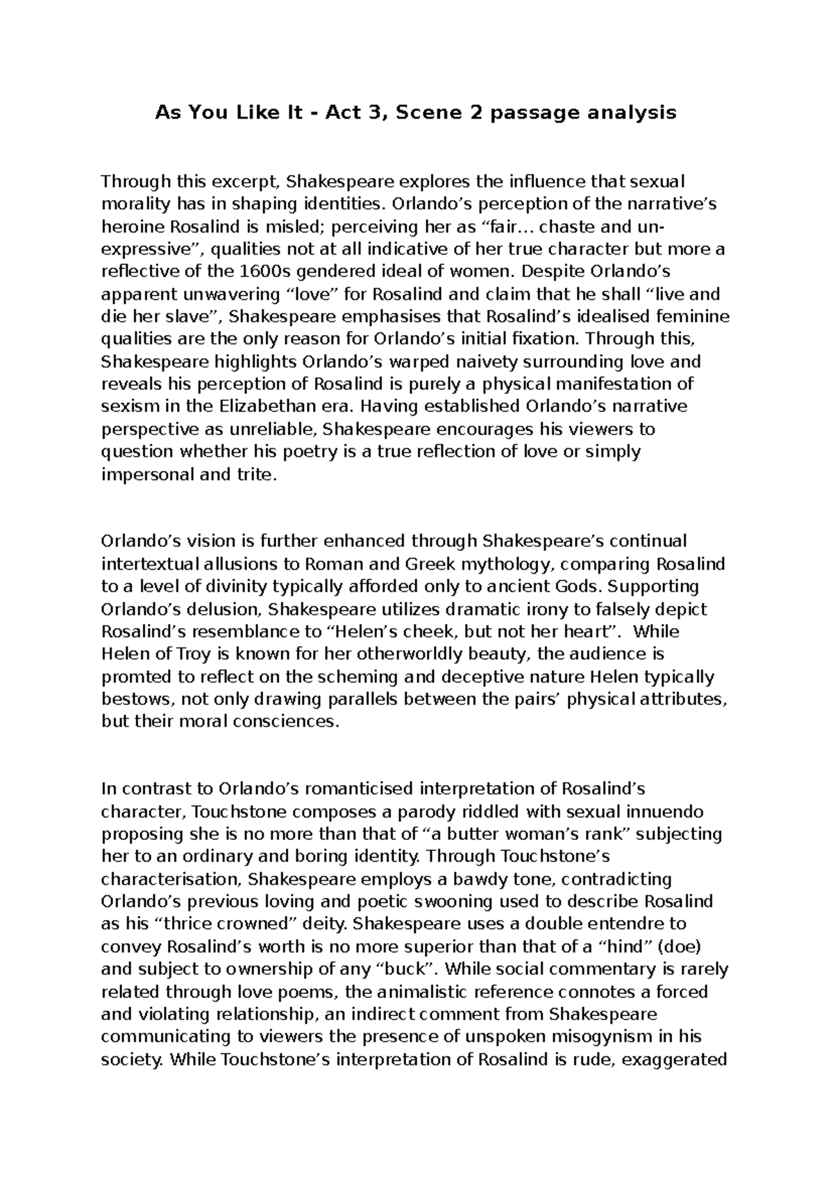 Lit SAC Draft: Act 3, Scene 2 Passage Analysis of "As You Like It ...