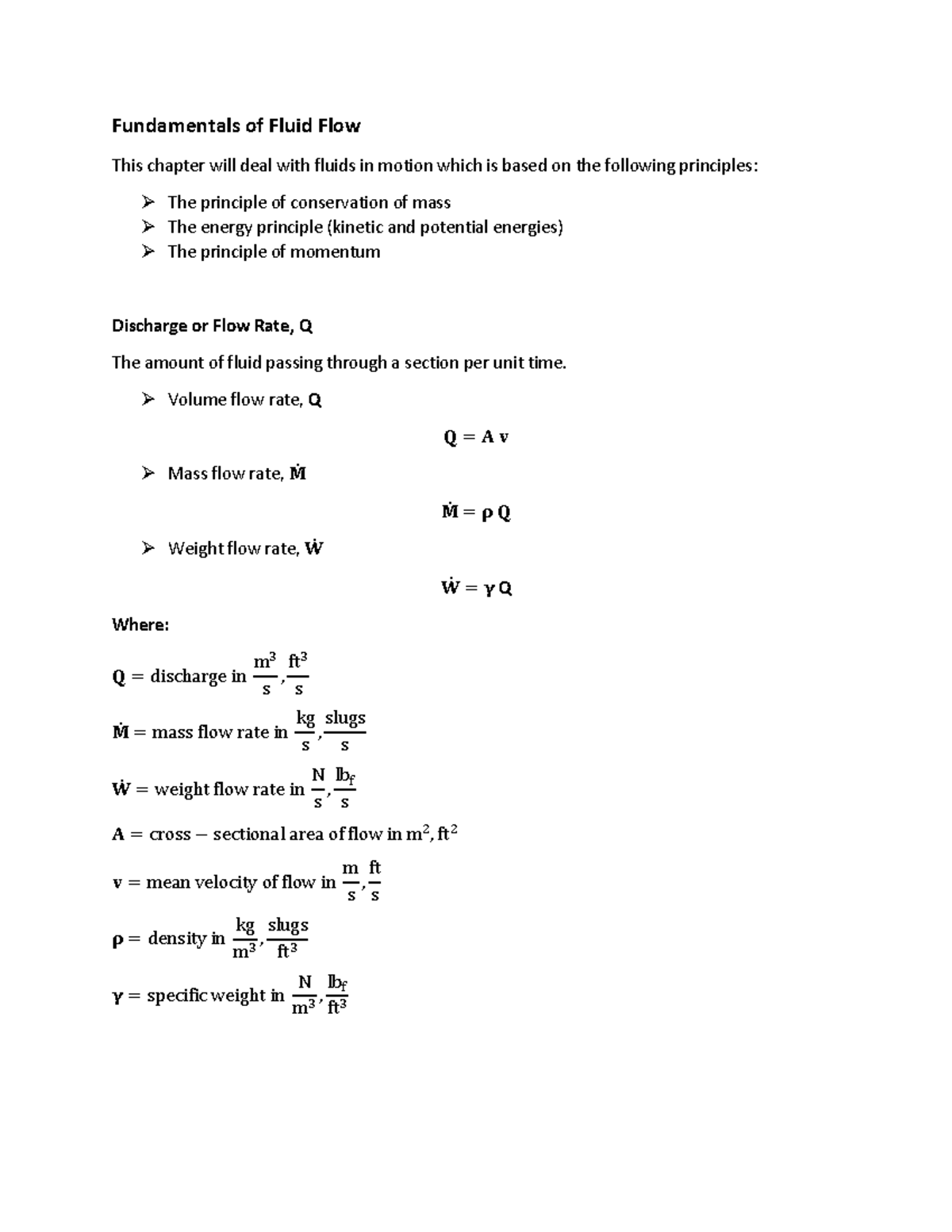 Fluid flow principles and calculations: Chapter notes for ME 101 - Studocu