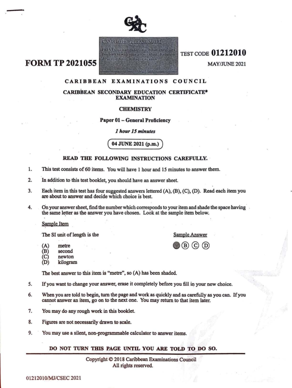 CSEC Chemistry Exam Paper 01 - June 2021 (General Proficiency) - Studocu