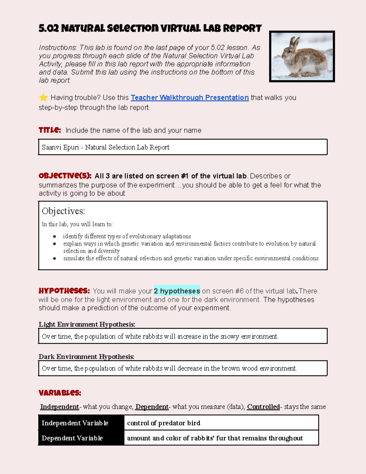 Natural Selection Virtual Lab Report - BIO 502 Assignment - Studocu