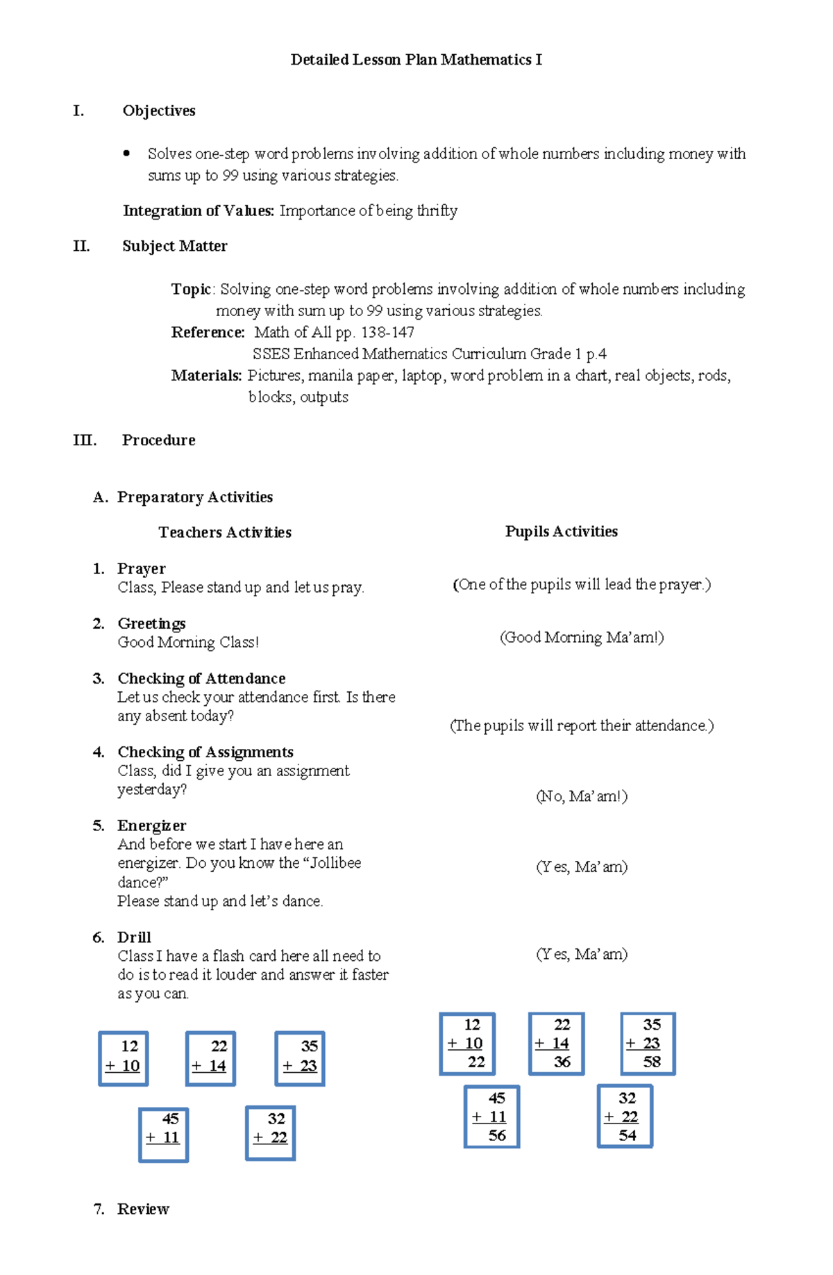Detailed Lesson Plan: Solving Word Problems in Math I - Studocu