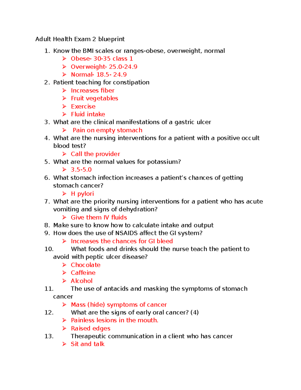Adult Health Exam 2 Study Guide: Key Concepts and Interventions - Studocu