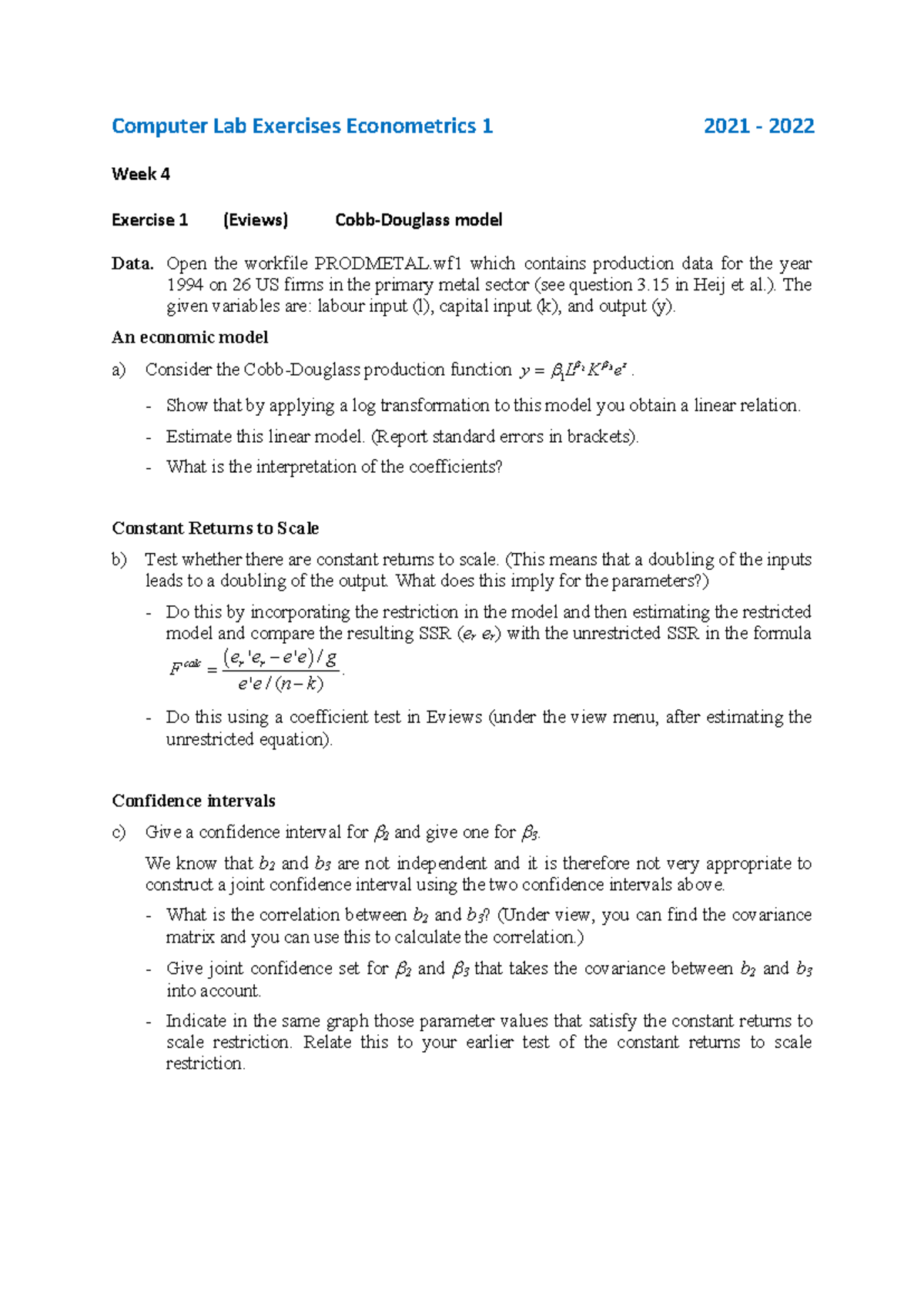 Econometrics 1 E1 PC Week 4 Exercise 1: Production Function Analysis ...