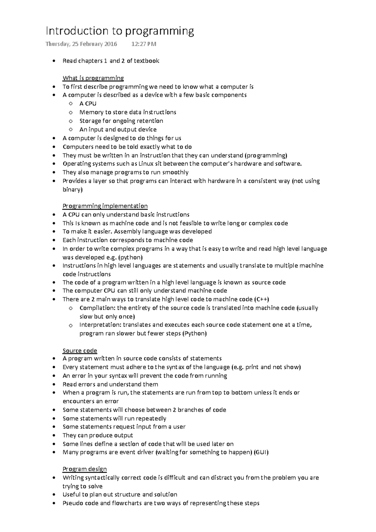 Lecture Notes: Intro to Programming (Lectures 1-10) - Studocu