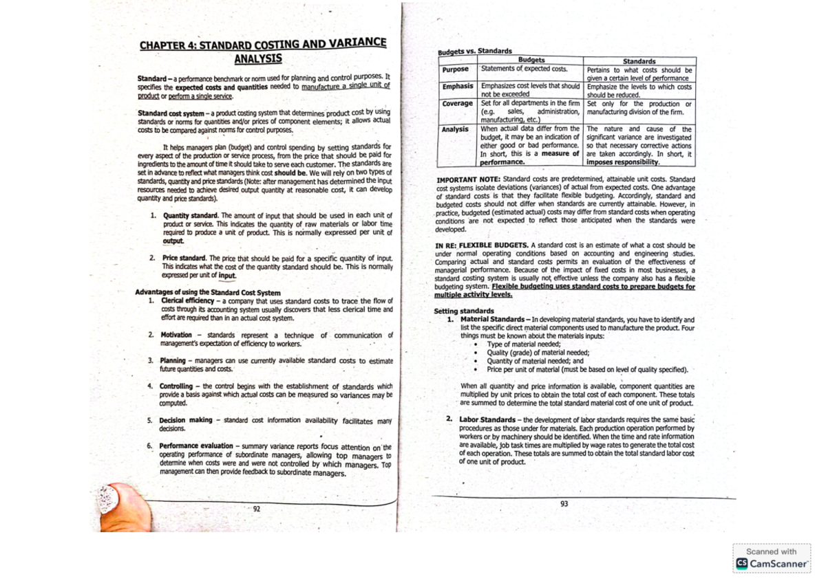MAS Chapter 4: Standard Costing & Variance Analysis Insights - Studocu