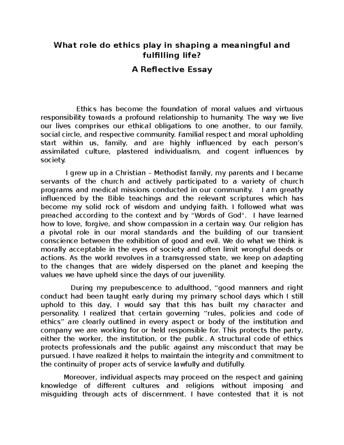 Ethics in Shaping Life: A Reflective Essay on Human Values - Studocu
