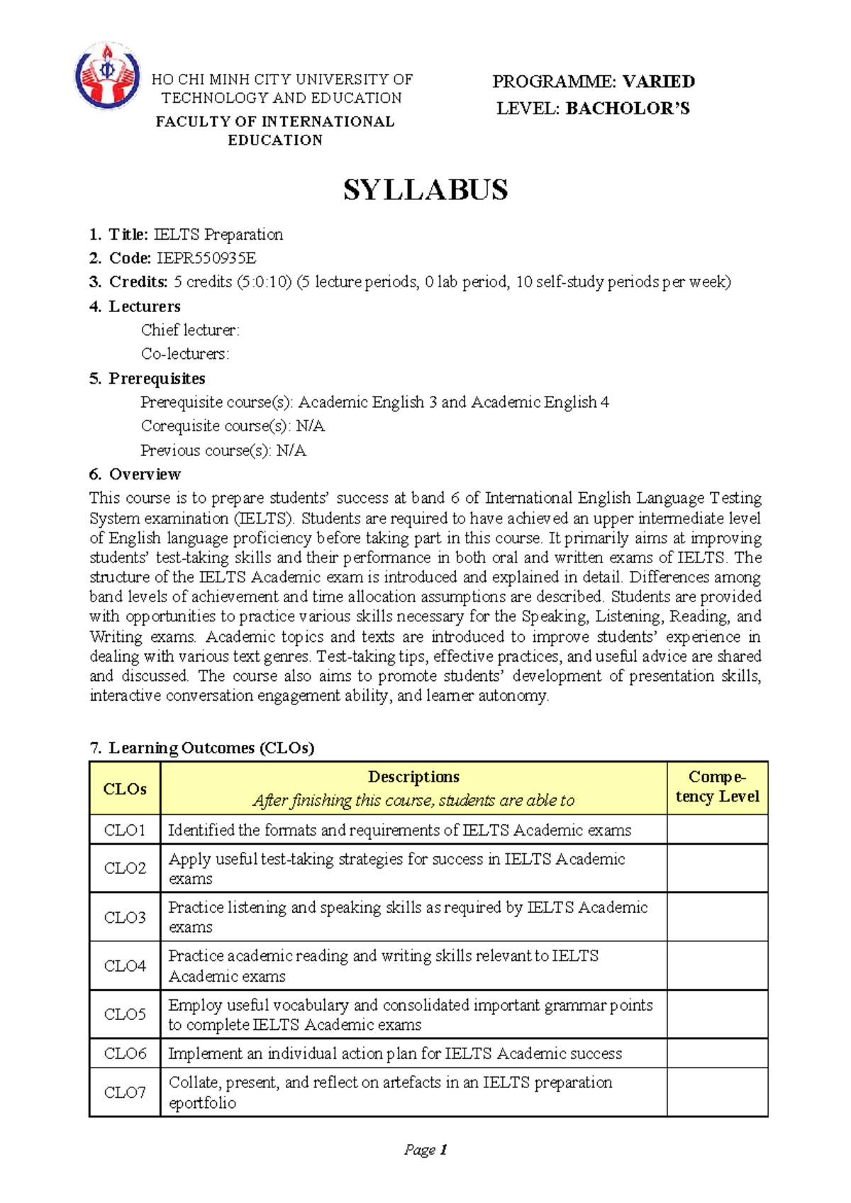 IELTS Preparation Syllabus IEPR550935E - 5 Credits - Studocu