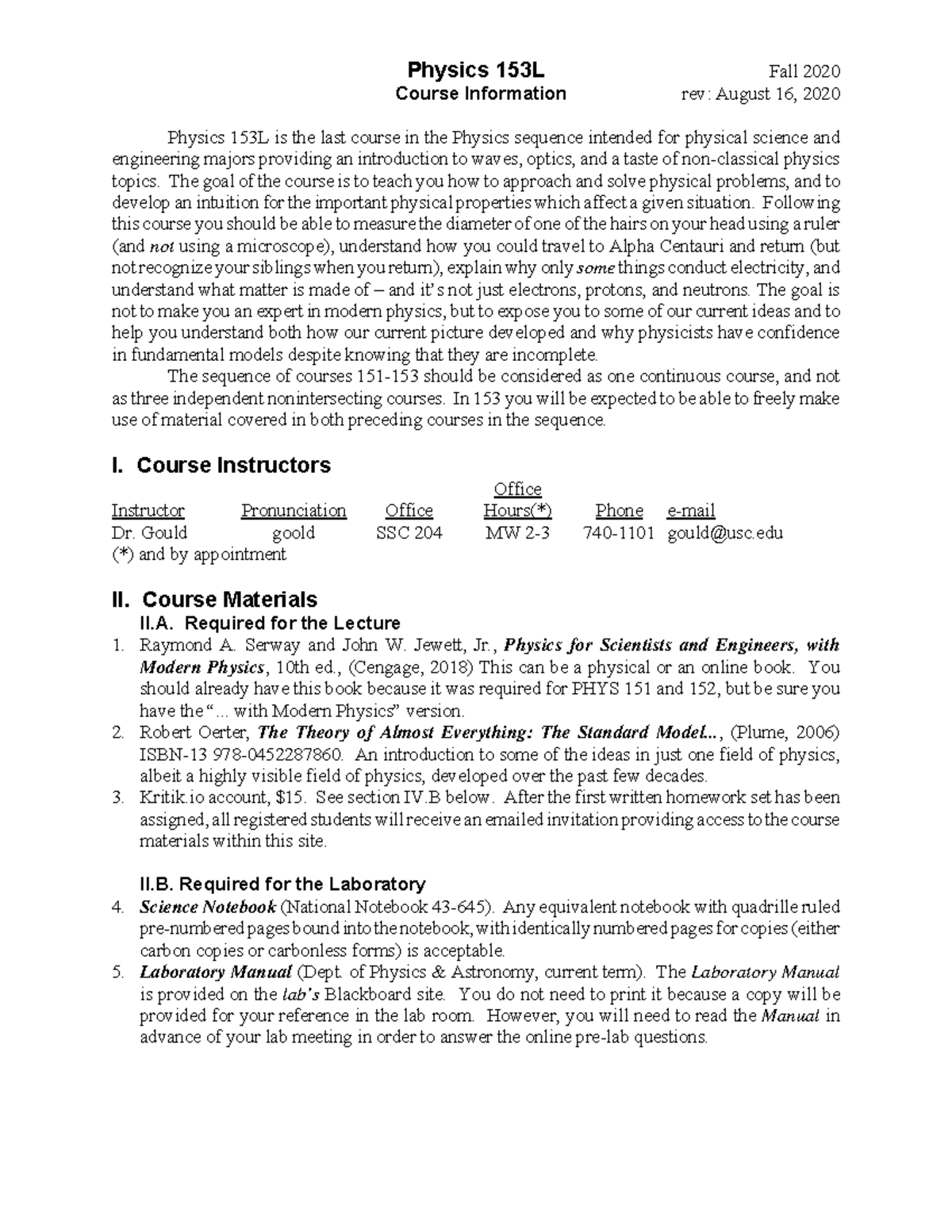 PHYS 153 Syllabus - explanation of course outline - Physics 153L Course ...