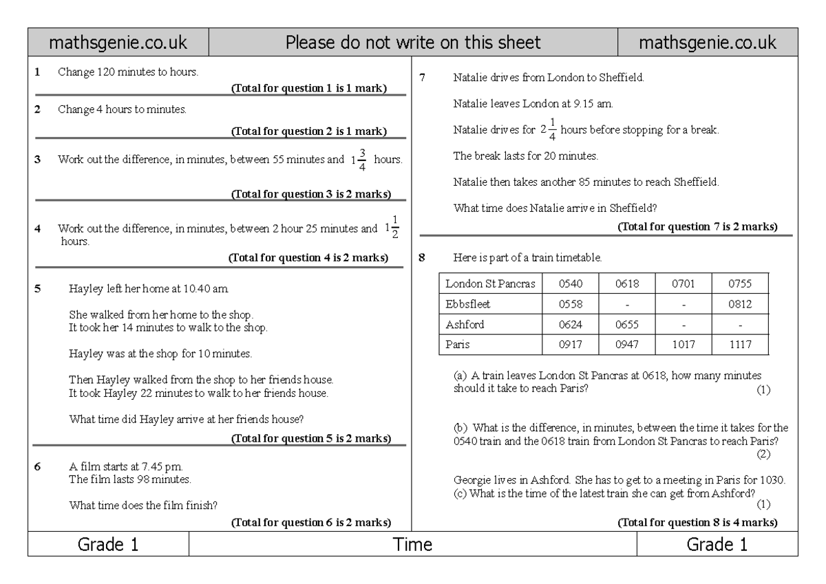 Grade 1 Time Questions - 1-Time Worksheet - Studocu