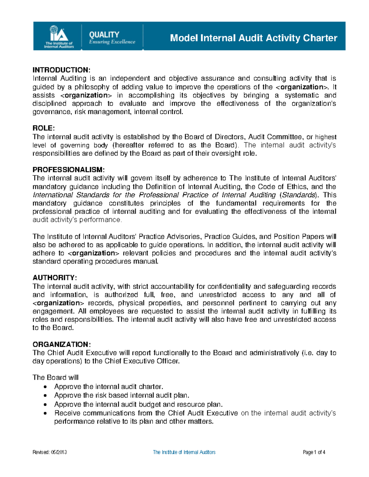 Model Internal Audit Activity Charter Guidelines (IA201) - Studocu