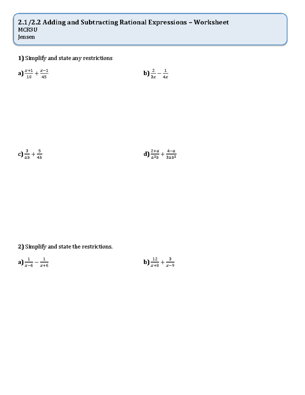 Adding and Subtracting Rational Expressions Worksheet MCR3U - Studocu