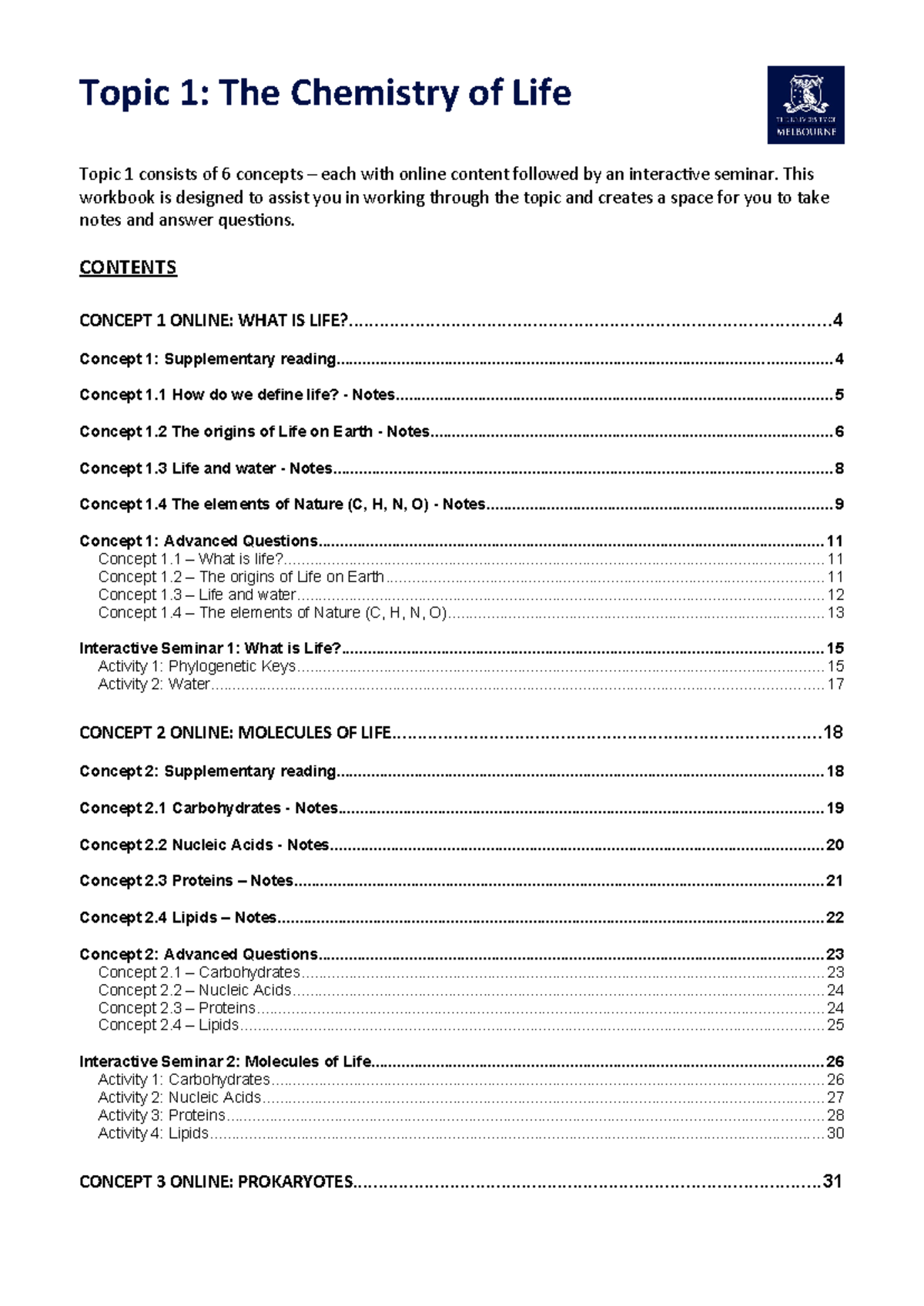 Module 1 Workbook: Exploring Life and Biological Molecules 2025 - Studocu